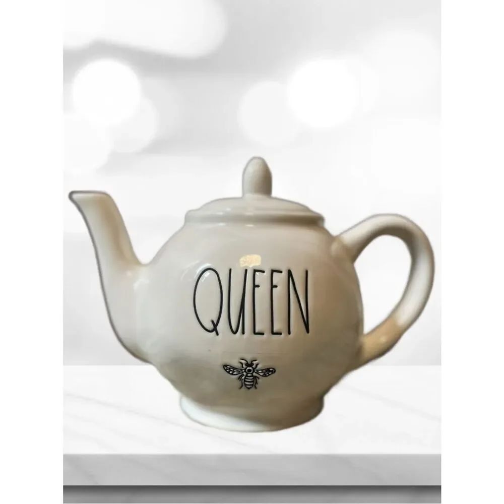 Rae Dunn by Magenta QUEEN White Ceramic Teapot - Decorative Home Kitchen Tea Pot